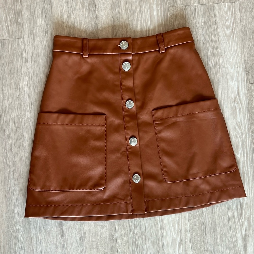 STAUD Rust Brown Faux Leather Button-Front Mini Skirt